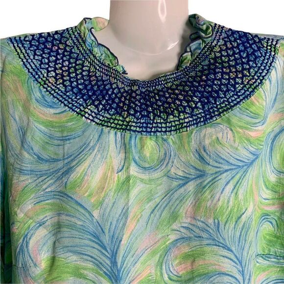 Vintage Embroidered Neck Long Sleeve Blouse S Blue Peacock Button Back Ruffle - Picture 3 of 4